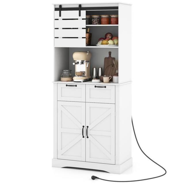 Gymax Kitchen Pantry Cabinet with Power Outlet Tall Coffee Bar Cabinet with in White - image 1