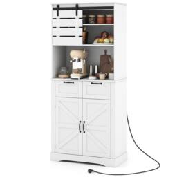 Gymax Kitchen Pantry Cabinet with Power Outlet Tall Coffee Bar Cabinet with in White