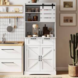 Gymax Kitchen Pantry Cabinet with Power Outlet Tall Coffee Bar Cabinet with in White - thumbnail 3