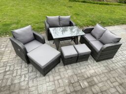 Fimous 8 Seater Outdoor Garden Dining Sets Rattan Furniture With Dining Table Armchairs Love Sofa 3 Footstools Dark Grey Mixed - thumbnail 2