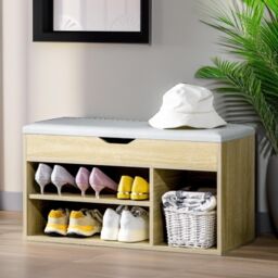 Pirlo Plush Industrial Shoe Storage Bench With Cushion Seat Oak in Light Oak