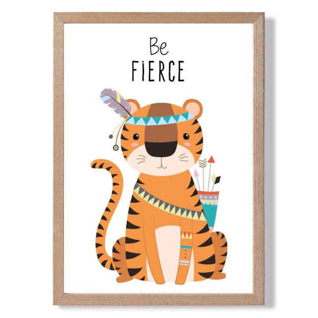 ARTZE Be Fierce Tiger Tribal Animal Quote Framed Print SIZE: A3 with Oak Frame in Orange - Size: A2 - image 1