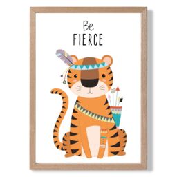 ARTZE Be Fierce Tiger Tribal Animal Quote Framed Print SIZE: A3 with Oak Frame in Orange - Size: A2 - thumbnail 1
