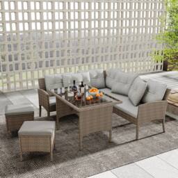 Matteo Rattan Garden Corner Sofa Set - 6-7 Seater - Khaki - thumbnail 1