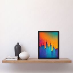 Artery8 Modern Abstract Warm Bright Colourful New York Sunset Skyline Artwork Framed Wall Art Print A4 in Black - thumbnail 2