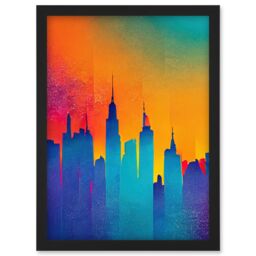 Artery8 Modern Abstract Warm Bright Colourful New York Sunset Skyline Artwork Framed Wall Art Print A4 in Black - thumbnail 1