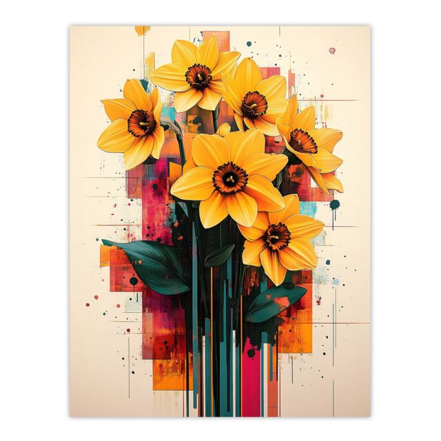 "Artery8 Daffodil Bouquet Modern Floral Abstract Painting Wall Art Print in Yellow - Size: W24"" x H32""" - image 1