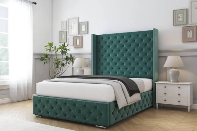 "Comfort Beds Emily Plush Bed Frame - 50"" Upholstered Wingback Headboard in Emerald - Size: Double" - image 1