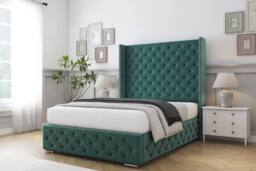 "Comfort Beds Emily Plush Bed Frame - 50"" Upholstered Wingback Headboard in Emerald - Size: Double" - thumbnail 1