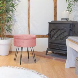 Harbour Housewares Round Velvet Storage Footstool - H45 x D36cm - Black Legs in Pink - thumbnail 6