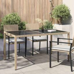 Berkfield Home Garden Table 150x90x75 cm Tempered Glass & Poly Rattan Beige - Size: 150 x 90 x 75 cm - thumbnail 2
