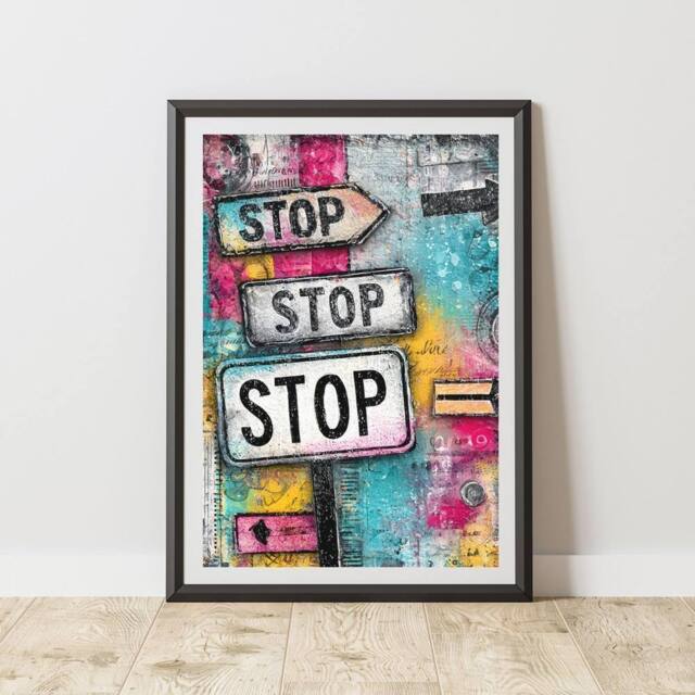 60 SECOND MAKEOVER Stop Signs Graffiti Print Urban Street Art Poster Junk Journal - Size: A4 - image 1
