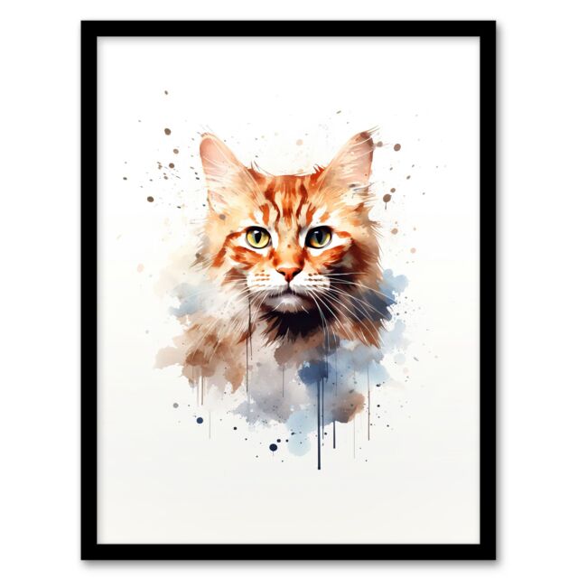 "Artery8 Wall Art Print Ginger Orange Cat Lovers Gift Watercolour Pet Portrait Painting Artwork Art Framed - Size: W12"" x H16""" - image 1