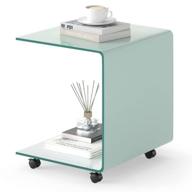 Gymax C-Shaped Tempered Glass Side Table With 2-tier Shelf 4 Lockable Wheels in White - image 1