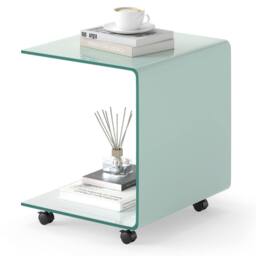 Gymax C-Shaped Tempered Glass Side Table With 2-tier Shelf 4 Lockable Wheels in White