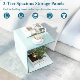 Gymax C-Shaped Tempered Glass Side Table With 2-tier Shelf 4 Lockable Wheels in White - thumbnail 7