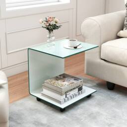 Gymax C-Shaped Tempered Glass Side Table With 2-tier Shelf 4 Lockable Wheels in White - thumbnail 5