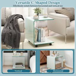 Gymax C-Shaped Tempered Glass Side Table With 2-tier Shelf 4 Lockable Wheels in White - thumbnail 2
