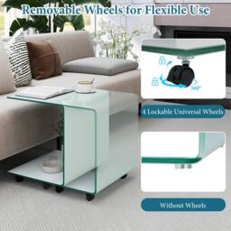 Gymax C-Shaped Tempered Glass Side Table With 2-tier Shelf 4 Lockable Wheels in White - thumbnail 9