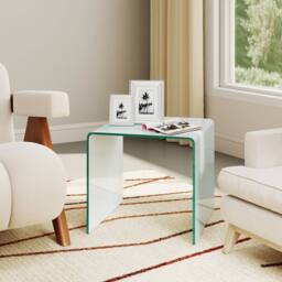 Gymax C-Shaped Tempered Glass Side Table With 2-tier Shelf 4 Lockable Wheels in White - thumbnail 4
