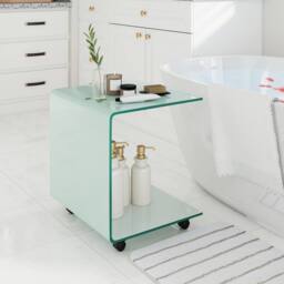 Gymax C-Shaped Tempered Glass Side Table With 2-tier Shelf 4 Lockable Wheels in White - thumbnail 6
