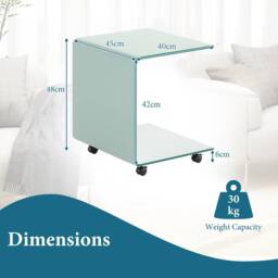 Gymax C-Shaped Tempered Glass Side Table With 2-tier Shelf 4 Lockable Wheels in White - thumbnail 3