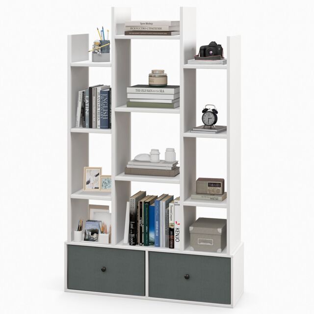 Costway 12 Tier Bookshelf Open Storage Wood Bookcase Organizer Display Shelf in White - image 1