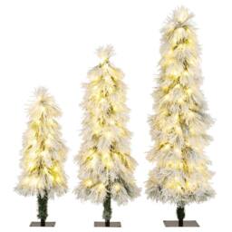 Gymax 3ft 4ft 5ft Pre-lit Christmas Tree Set 3 PCS Snow Flocked Xmas Tree in Green - thumbnail 1