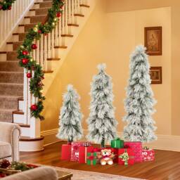 Gymax 3ft 4ft 5ft Pre-lit Christmas Tree Set 3 PCS Snow Flocked Xmas Tree in Green - thumbnail 6