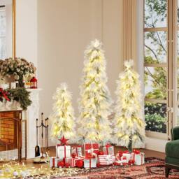 Gymax 3ft 4ft 5ft Pre-lit Christmas Tree Set 3 PCS Snow Flocked Xmas Tree in Green - thumbnail 5
