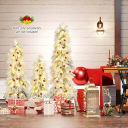 Gymax 3ft 4ft 5ft Pre-lit Christmas Tree Set 3 PCS Snow Flocked Xmas Tree in Green - thumbnail 4