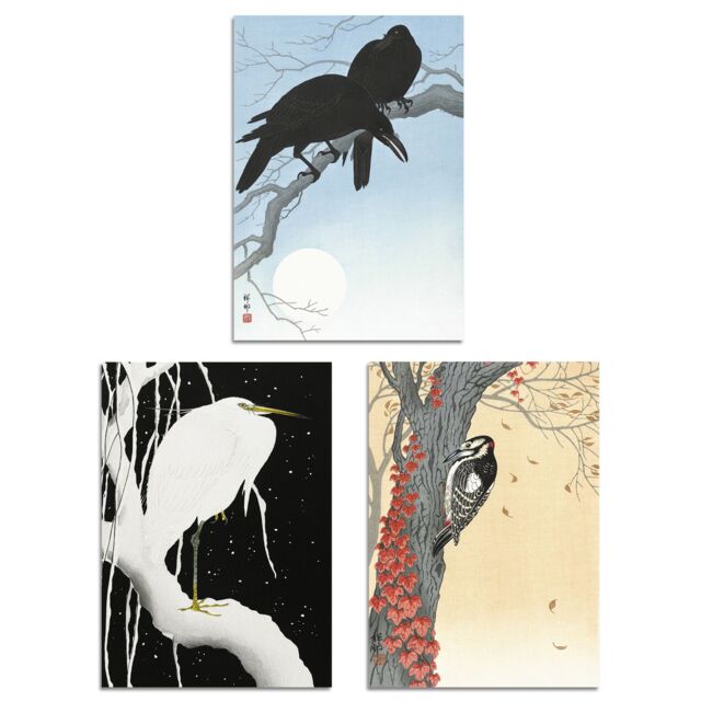 Artery8 Set of 3 Ohara Koson Birds Japanese Nature Beige Blue Art Prints - Size: A3 - image 1
