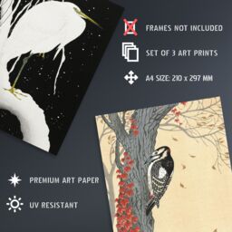 Artery8 Set of 3 Ohara Koson Birds Japanese Nature Beige Blue Art Prints - Size: A3 - thumbnail 4