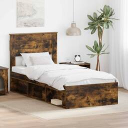 Berkfield Home Bed Frame with Storage Smoked Oak 100 x 200 cm Solid Pine Wood in Brown - thumbnail 1