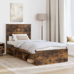 Berkfield Home Bed Frame with Storage Smoked Oak 100 x 200 cm Solid Pine Wood in Brown - thumbnail 3