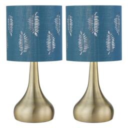First Choice Lighting Set of 2 Romana - Antique Brass Touch Table Lamps Teal Fern Shade in Bronze
