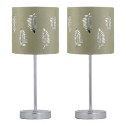 First Choice Lighting Set of 2 Chrome Stick Table Lamps with Sage Green Fern Shades in Silver