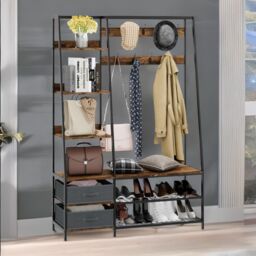 Rafaelo Mobilia Industrial Coat Rack Stand With 2 Fabric Drawers & 9 Hooks in Dark Brown