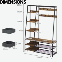 Rafaelo Mobilia Industrial Coat Rack Stand With 2 Fabric Drawers & 9 Hooks in Dark Brown - thumbnail 6