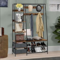 Rafaelo Mobilia Industrial Coat Rack Stand With 2 Fabric Drawers & 9 Hooks in Dark Brown - thumbnail 3