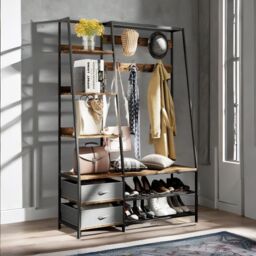 Rafaelo Mobilia Industrial Coat Rack Stand With 2 Fabric Drawers & 9 Hooks in Dark Brown - thumbnail 5