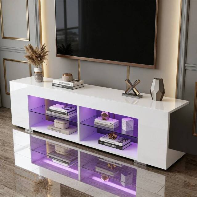 EONLION High Gloss TV Stand Storage Cabinet Cupboard in White - Size: 100 cm - image 1