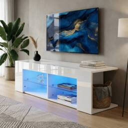 EONLION High Gloss TV Stand Storage Cabinet Cupboard in White - Size: 100 cm - thumbnail 4
