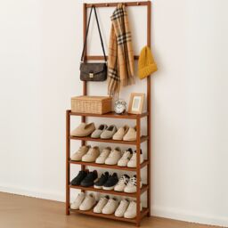 Rafaelo Mobilia Wooden Hall Tree Clothes Rack With Shoe Storage in Brown - thumbnail 1