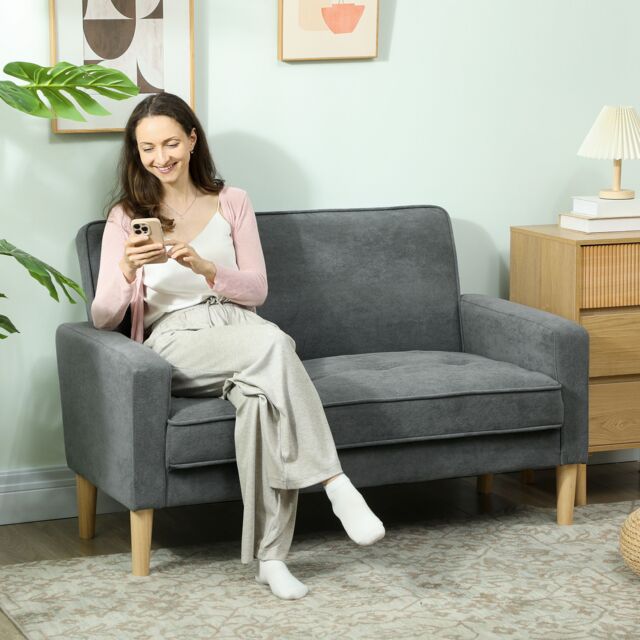 HOMCOM 2 Seater Sofa, Velvet Upholstered Loveseat for Small Space in Grey - image 1