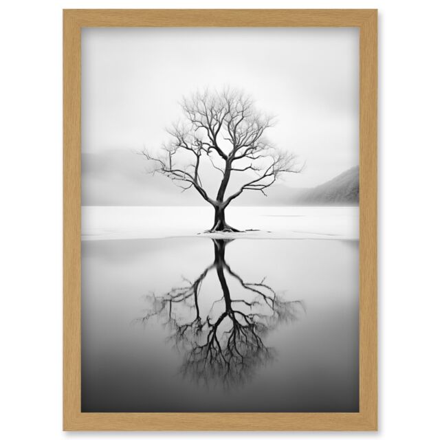 Artery8 Wall Art Print Lone Tree by Frozen Lake Winter Landscape Black & White Photograph Artwork Framed A4 in Light Oak - image 1