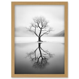 Artery8 Wall Art Print Lone Tree by Frozen Lake Winter Landscape Black & White Photograph Artwork Framed A4 in Light Oak - thumbnail 1