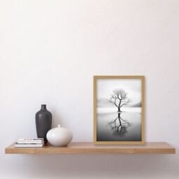 Artery8 Wall Art Print Lone Tree by Frozen Lake Winter Landscape Black & White Photograph Artwork Framed A4 in Light Oak - thumbnail 2