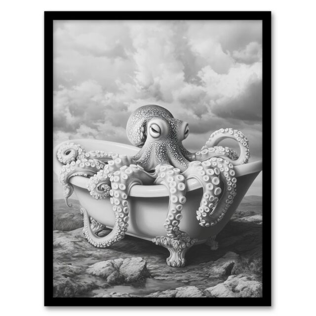"Artery8 Giant Octopus Bathtub Black White Mountain Cliff Framed Art Print - Size: W12"" x H16""" - image 1