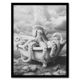 "Artery8 Giant Octopus Bathtub Black White Mountain Cliff Framed Art Print - Size: W12"" x H16""" - thumbnail 1